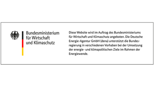 Logo des Bundesministeriums für Wirtschaft und Klimaschutz (BMWK) sowie Text "Diese Website wird im Auftrag des Bundesministerium für Wirtschaft und Klimaschutz angeboten. Die Deutsche Energie-Agentur GmbH (dena) unterstützt die Bundesregierung in verschiedenen Vorhaben bei der Umsetzung der energie- und klimapolitischen Ziele im Rahmen der Energiewende."